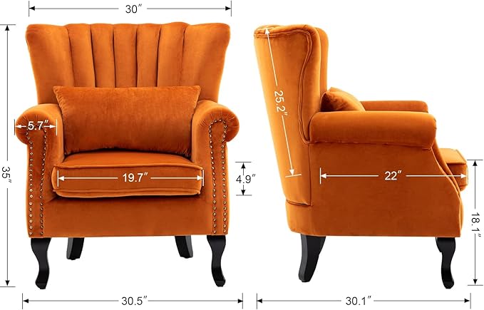 DM Furniture Velvet Accent Chairs Set of 2 with Arm Comfy Living Room Chair Mid-Century Modern Wingback Side Chair Single Sofa Couch for Bedroom Guest Room, Orange