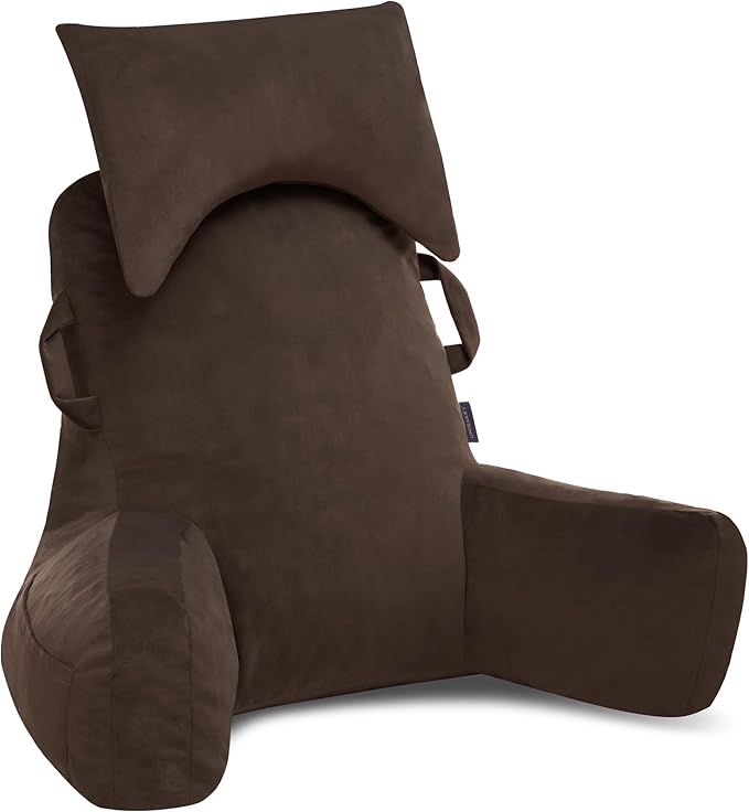 Unisakey Portable Reading Pillows with Headrest for Bed Sitting Up(Brown Oeko-Tex), Velvet Back Pillow with Arms & Pockets for Adults, Support Memory Foam Bed Pillow for Dorm/Reading/Watching/Gaming