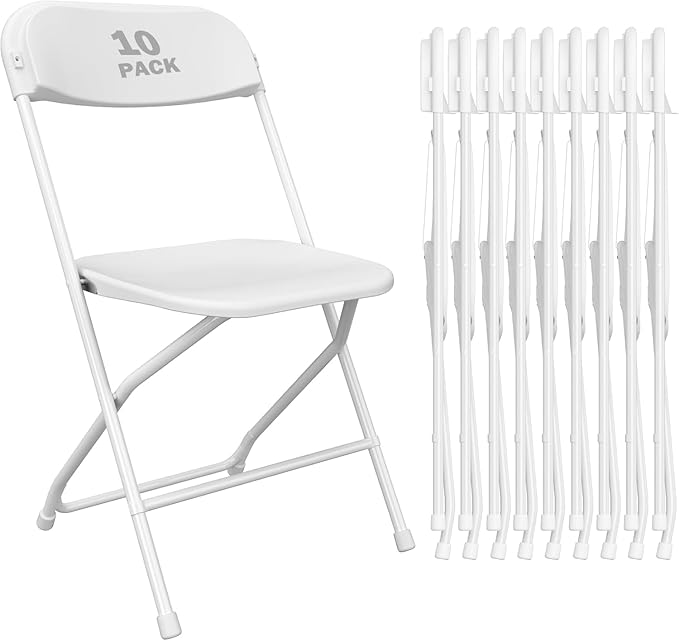 10 Pack White Plastic Folding Chair, Indoor Outdoor Portable Stackable Commercial Seat with Steel Frame 350lb. Capacity for Events Office Wedding Party Picnic Kitchen Dining