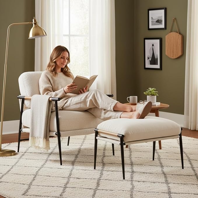 DUOMAY Mid-Century Modern Accent Chair, Comfy Sherpa Sofa Lounge Chair Reading Corner Chair for Living Room Bedroom Office, Mid-Back Arm Chair with Black Metal Leg, White