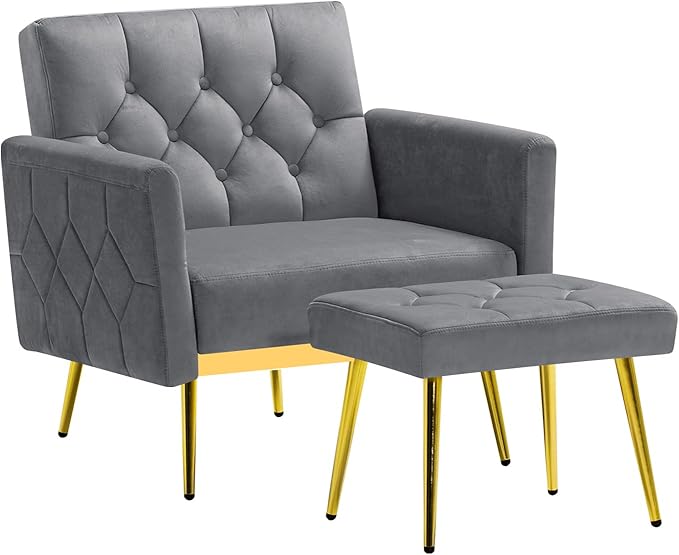 ACMEASE Velvet Accent Chair w/Adjustable Armrests and Backrests, Tufted Single Sofa with Ottoman, Upholstered Reading Chiar for Living Room, Apartment, Bedroom, Grey