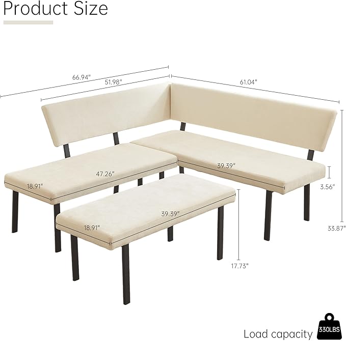 Modern L-Shaped Dining Bench, 67 Inch Fabric Upholstered Corner Sofa with Metal Legs for Kitchen Nook, Living Room, Dining Room (Beige)