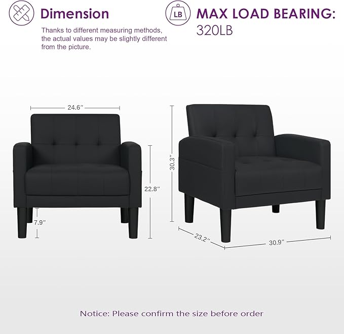 TYBOATLE Accent Chair, Living Room Chairs, Cozy Tufted Mid Century Modern Black Accent Chairs with Arms for Bedroom, Comfy Reading Arm Chair,Small Chairs for Small Spaces,Living Room,Office (1, Black)