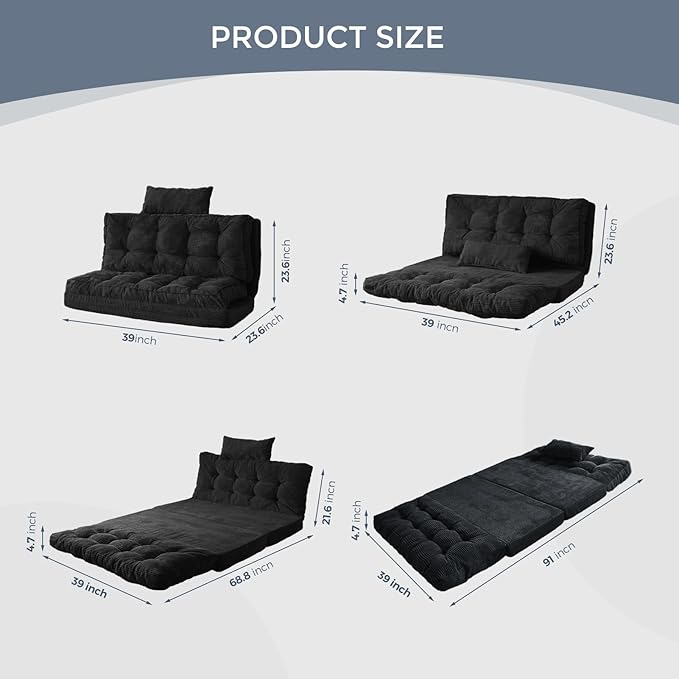 MAXYOYO Bean Bag Bed Tufted Folding Sofa Bed with Pillows Floor Mattress for Adults, Extra Thick and Long Floor Sofa, Twin Couch for Bedroom Living Room, Black, 39x91 Inch