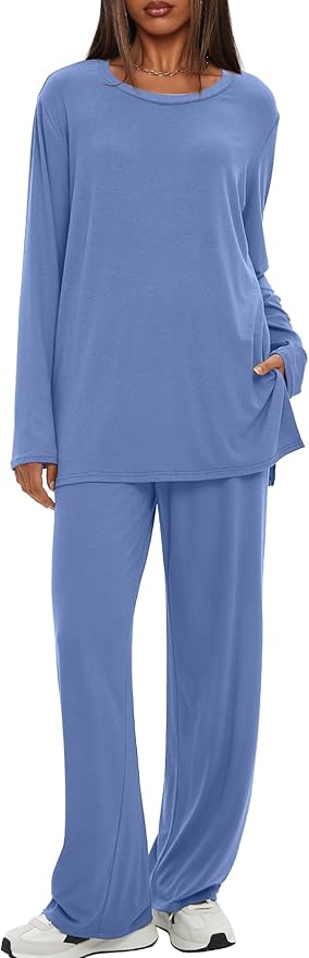 Darong Women's 2 Piece Lounge Set Casual Long Sleeve Crew Neck Tops Wide Leg Pants Travel Airport Outfit Matching Sets
