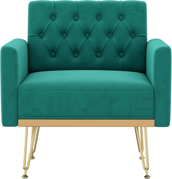 Accent Chair for Living Room, Comfy Oversized Velvet Upholstered Arm Chairs, Mid Century Modern Reading Single Sofa Side Chair with Tufted Back and Gold Legs for Bedroom (1, Green)