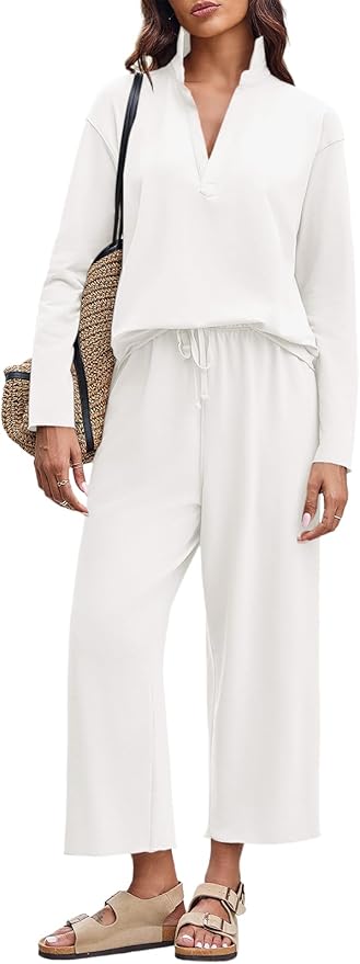 Imily Bela Womens 2 Piece Outfits Sweatsuit Long Sleeve Lapel V Neck Shirt and Wide Leg Pants 2025 Fall Trendy Tracksuit