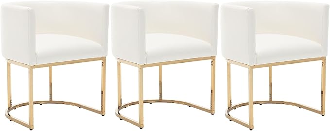 VESCASA Faux Leather Upholstered Dining Chairs with Barrel Back, Modern Padded Restaurant Chairs with Gold Metal Frame for Kitchen, Dining Room, Set of 3, White