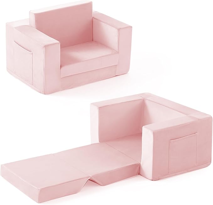 Kids Couch, 2-in-1 Toddler Chair Comfy 1-3 Years, Convertible Kids Chair, Toddler Couch That Fold Out, Kid Lounge Chairs for Boys and Girls, Soft Coral Fleece, Single, Pink