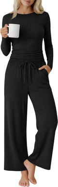 Evervibe Women's 2 Piece Lounge Set Long Sleeve Crew Neck Top Drawstring Wide Leg Pants Casual Tracksuit Matching Set
