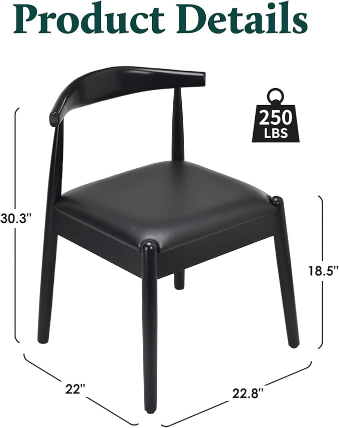 Farini Mid Century Modern Dining Chairs Set of 2, Solid Wood Frame Kitchen Chairs with PU Leather Upholstered Seat for Dining Room & Breakfast Nook,Black-Black