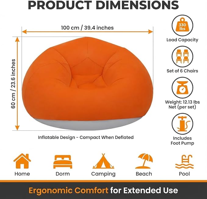 DYRABREST 6 Pcs Bean Bag Chairs for Adults, Inflatable Chairs with Air Pump, Folding Blow Up Couch, Flocking Portable Lazy Sofa for Movie Night, Living Room, Camping, 331 lbs Load-Bearing Capacity