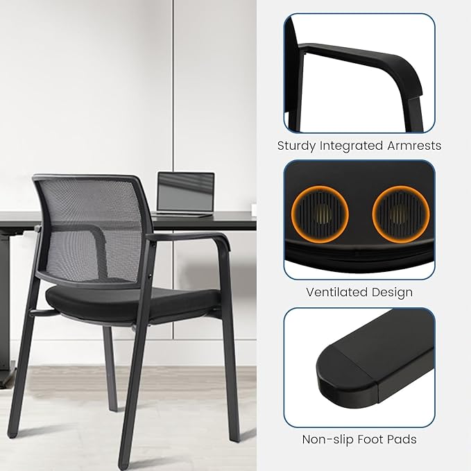 CLATINA Guest Reception Stacking No Wheels Desk Chair, Mesh Back Waiting Room Chairs with Arm Upholstered Fabric Seat and Ergonomic Lumbar Support for Office Conference School Church, Black (2 Pack)