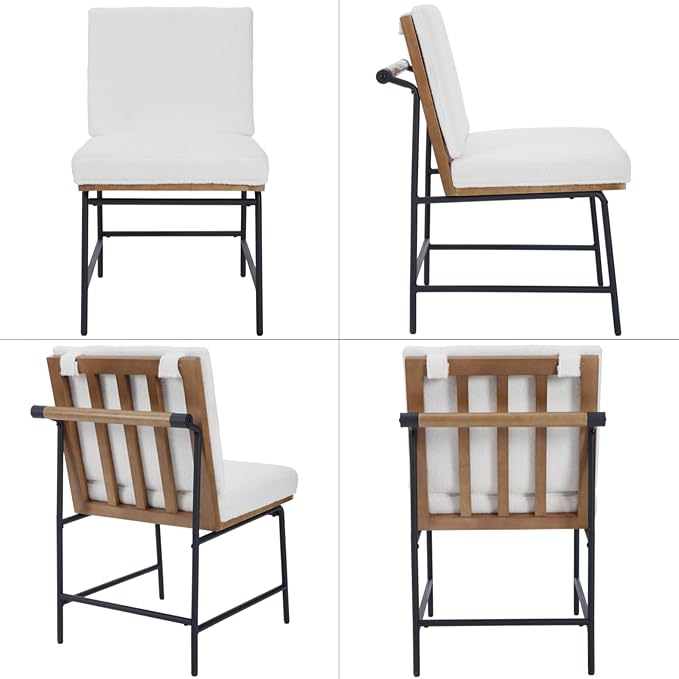 LukeAlon Mid Century Sherpa Dining Chairs Set of 2, Upholstered Square Back Kitchen Chairs with Metal Legs Armless Parsons Chairs with Wood Frame for Dining Room Reception Room, White