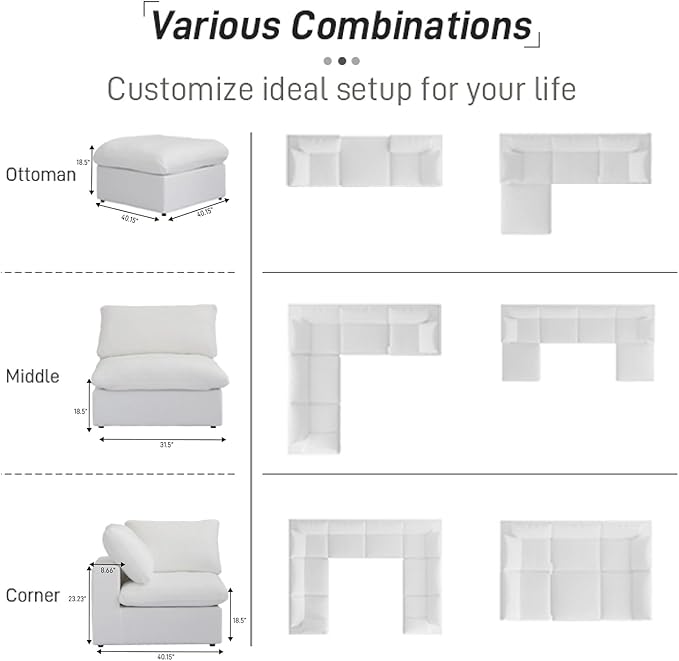 WJShome Modular Sectional Sofa,L Shaped Cloud Couch Sectional,120inch Deep Seat Couches, 3 Seater+ 1 Storage Ottoman for Living Room/Office (White, 4 Seater)