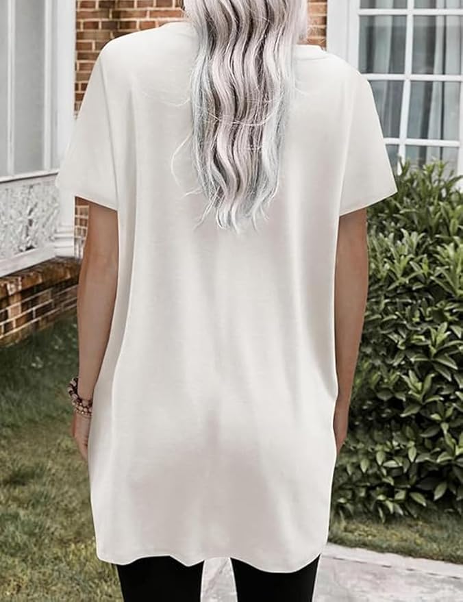 Poetsky Summer Womens Tunic Tops for Leggings with Pockets Short Sleeve Casual Long T Shirts S-3XL
