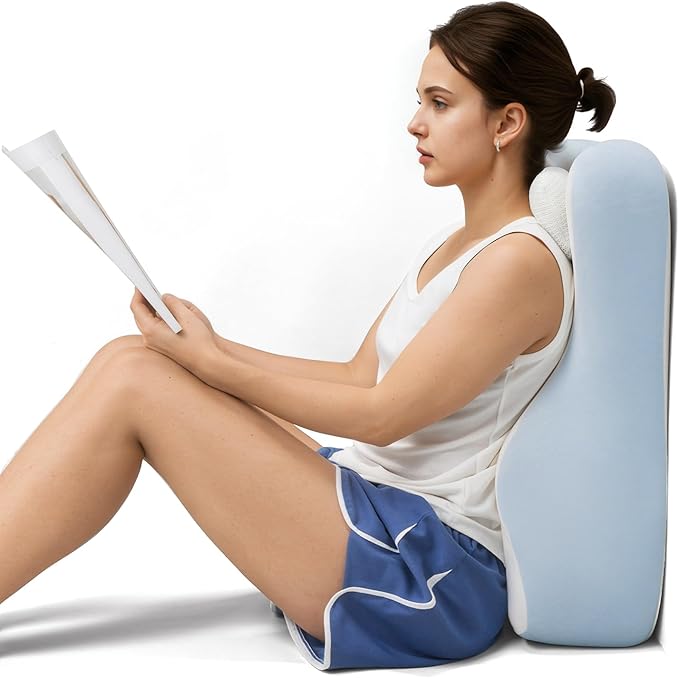 Ergonomic S Curve Reading Pillow for Sitting in Bed Adult- Back Pillow for Bed Sitting up with Adjustable Headrest- Memory Foam White, Blue