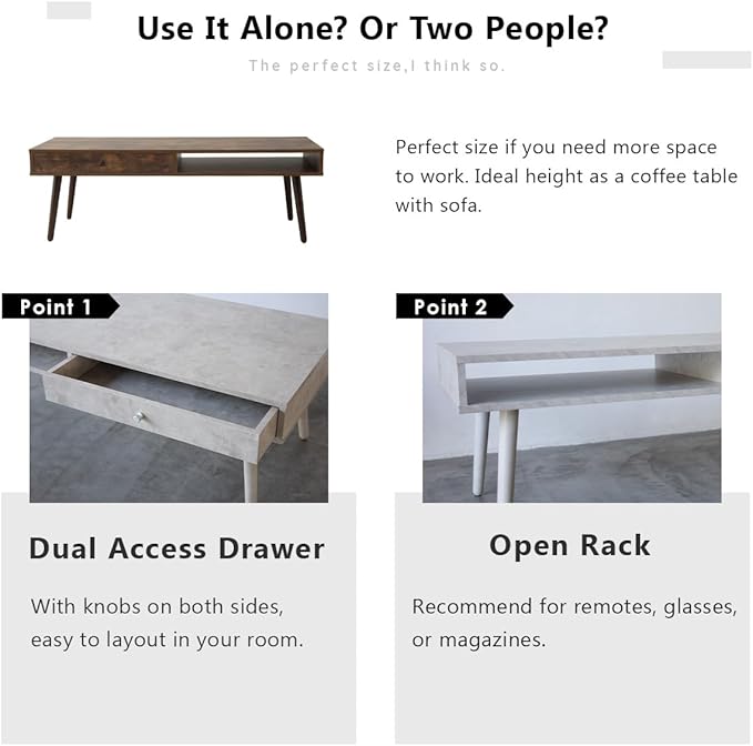EMOOR Wooden Small Coffee Table with Storage Rectangle Large (47.2"x19.7") Oak, Floor Sitting Low Table Small Space Minimalist Japanese Tatami Room