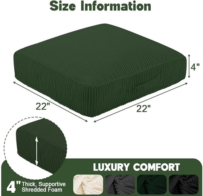 PRIMEPATIO Floor Pillow for Adults, 4" Square Floor Cushions with Washable Cover, Large Corduroy Meditation Pillow, 22 inches Tatami Seat with Handle for Living Room or Yoga, Green