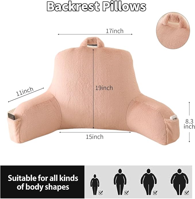 PAJEO Reading Pillow for Sitting in Bed, Large Backrest Reading Pillow with Arm Rest,Back-Rest Support Cushion for Sit Up on Couch, Sofa, and Floor, Dorm Essentials (Shell Pink Faux Fur, Large(19"))