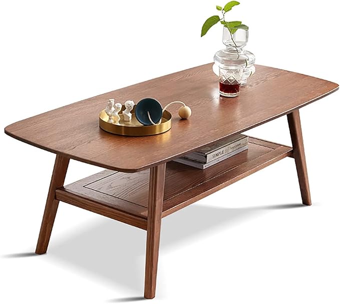 Mid Century Modern Coffee Table: 100% Solid Wood Coffee Table - 2-Tier Storage Design - Practical Coffee Tables for Living Room, Apartment, Easy Assembly (Walnut, 39.37")