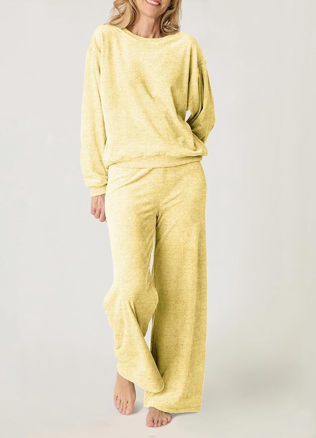 Aamikast Women's 2-Piece Lounge Set Soft Brushed Jersey Sleepwear Pajamas Set Long Sleeve Top & Wide Leg Pants