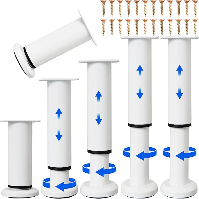 Olldag 6 PCS Adjustable Furniture Couch Cabinet Legs 4.72-7.48 Inch, Heavy Duty Adjustable Height Replacement Legs for Dresser/Sofa/Bed/Chair, Legs for Furniture Set of 6 (White)