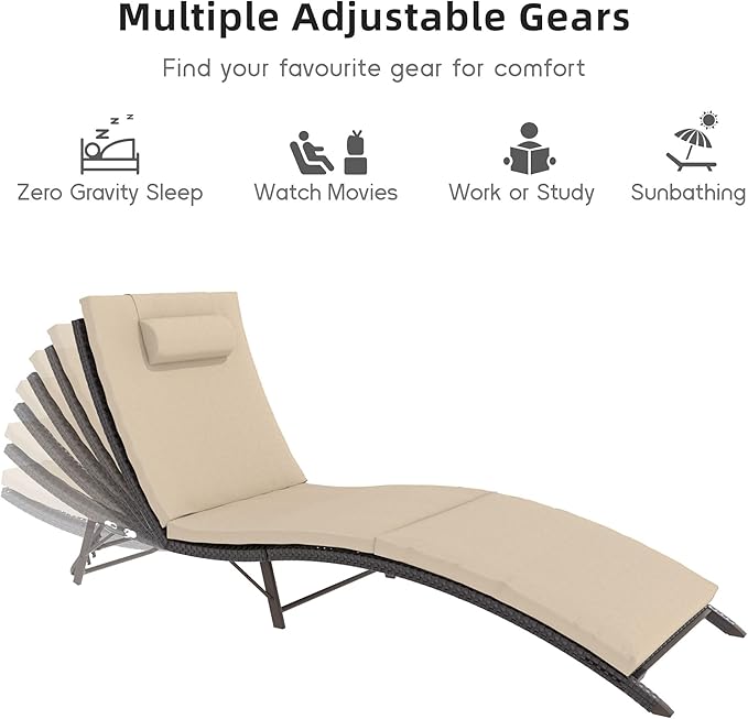 Trumbeak Patio Chaise Lounge Set 3 Pieces Pool Lounge Chairs,Cushioned Outdoor Folding Lounge Chair w/Rattan Adjustable Backrest for Poolside Porch,Folding Table Included,Sand