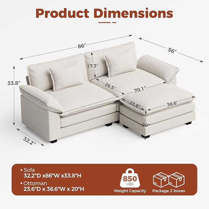 CDCASA 86" Modular Sectional Sofa, Comfy L-Shaped Cloud Couch with Movable Ottoman, 3-Seater Velvet Deep Seat Modern Sofa Couch for Living Room, Apartment, DIY Combination, Beige
