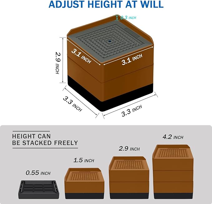 ANNKUT Bed Furniture Risers 3 inch, Square Adjustable Risers Blocks for Bed Sofa Table and Couch Lift to 1.5 or 3 inch，Heavy Duty Support Up to 1,300 Lbs (4 Pack-Brown)