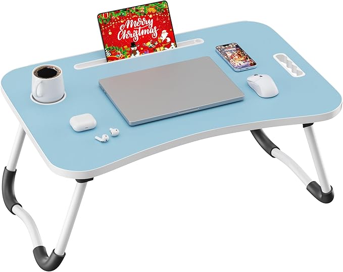 Folding Lap Desk, 23.6 Inch Wood Laptop Bed Desk with Cup Holder, Portable Bed Table for Working Writing Reading & Eating for Bed, Sofa, Couch, Floor - Blue