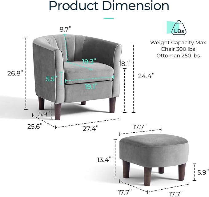 LINSY Accent Chair with Ottoman, Modern Barrel Chair Small Armchair Reading Chair with Footrest, Comfy Round Arms Chair for Living Room Bedroom Reading Room, Velvet, Grey