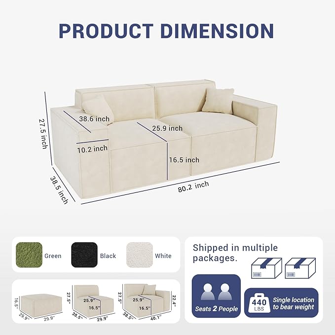 80.3" Cloud Sectional Couch, Chenille Boneless Couch 2 Seater with Deep Seats & Wide Armrests, Comfy Modular Sectional Sofa Memory Foam Compression Floor Sofa for Living Room, No Assembly Required