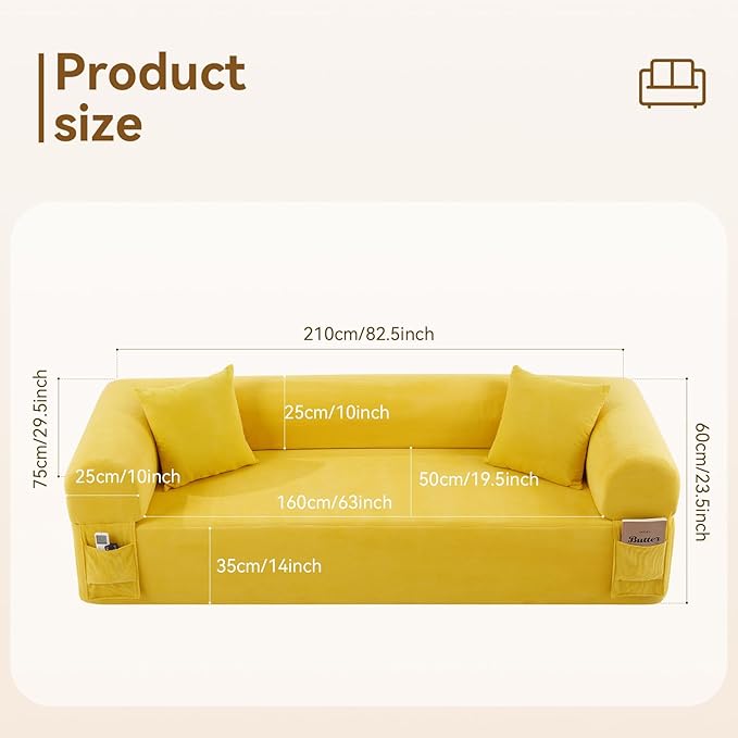 83" Boneless Couch, 3 Seater Sofa with 2 Matching Pillows Compact Corduroy Couches for Living Room Side Storage Pockets, Floor Sofa with Removable Armrests, No Assembly Required, Yellow