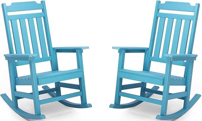 hOmeQomi Rocking Chairs Set of 2, All Weather Resistant Poly Lumber Outdoor Porch Rocker, Rocking Chairs for Outdoor, Indoor, Patio, Deck, Garden, Backyard, Load Bearing 380 lbs - Lake Blue