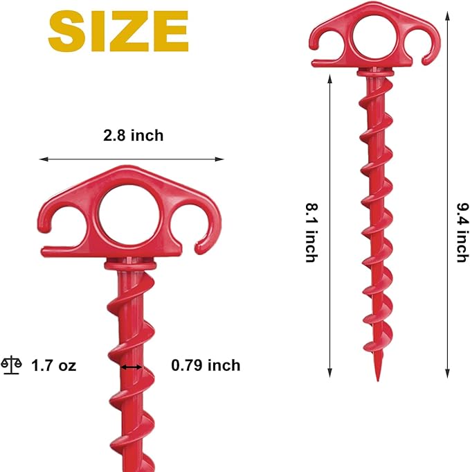 COBARYEN Tent Stakes Ground Anchors Screw in, 6 Pack Sand Stakes for Beach 9.4 Inch Heavy Duty Spiral Tent Pegs for Camping, Party, Hiking, Outdoor Decoration (6, Red)