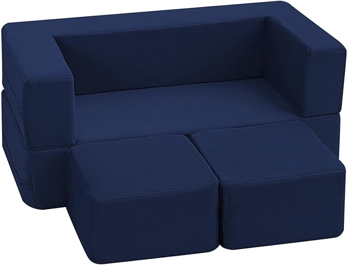 MeMoreCool Convertible Modular Kids Couch – Foam Toddler Sofa with Washable Removable Cover, Soft Plush Fold-Out Floor Couch for Bedroom (Navy)
