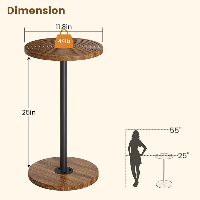 Asgolion Round Side Table, Small Drink Table, Pedestal Martini Stand, Weighted Base Cocktail Table Accent Nightstand for Living Room, Bedroom, Bathroom, Office, Walnut