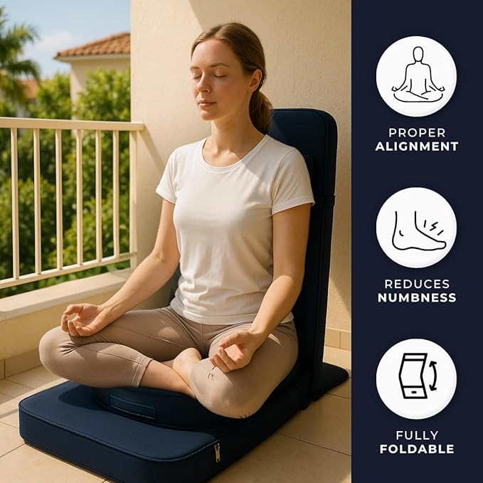 Friends Of Meditation Buddha Meditation Chair – Portable Folding Yoga Chair for Adults with Detachable Back Support & Zafu Cushion, Ergonomic Meditation Seat, Navy Blue