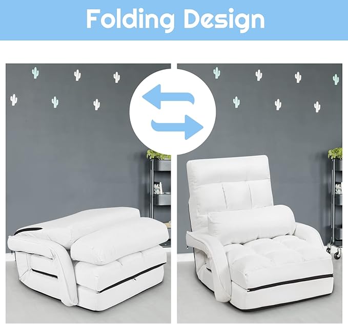 COSTWAY Adjustable Floor Chair, Folding Lazy Sofa Chair with 5 Positions, Detachable Seat Cushion, Indoor Chaise Lounge Sofa Bed for Living Room, Bedroom, Office (White)