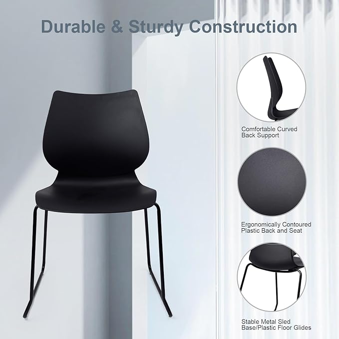 Stacking Chairs, Stackable Waiting Room Chairs, Conference Chair with Back & Church Chairs No Wheels with Metal Legs, Suitable for Offices Conference Training Waiting Room Set of 4, Black