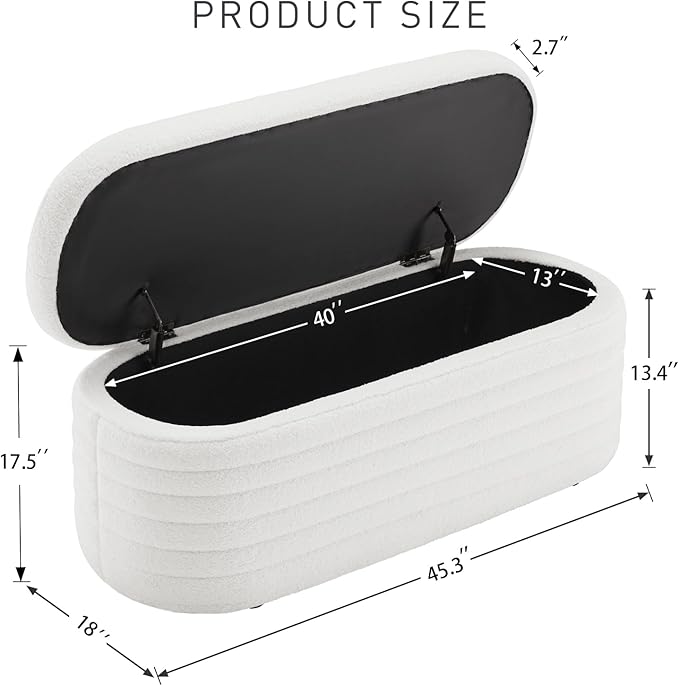 45 Inch Storage Ottoman Bench Upholstered Fabric Bedroom Benches, Modern Comfy End of Bed Stool for Living Room/Hallway/Entryway, Sherpa White
