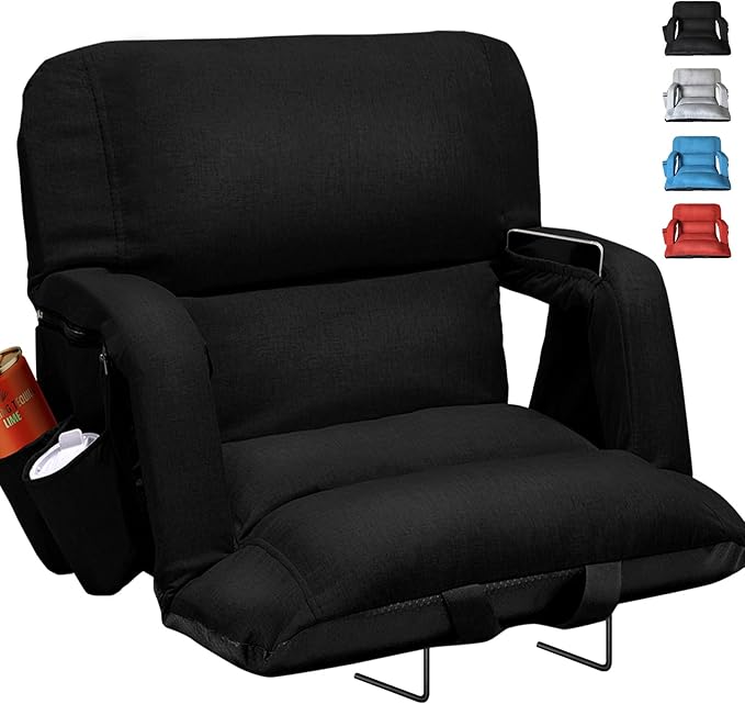 Wide Stadium Seats with Back Support, Exclusive Sofa Style Design Extra Thick Bleacher Chairs with Back and Cushion, 6 Reclining Positions - Ultimate Comfort for Sports Events (Black, 25")