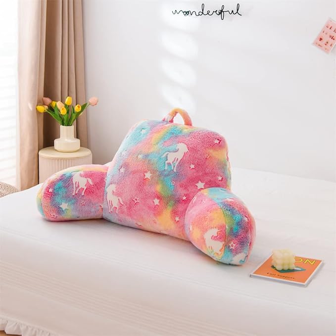 Holawakaka Glow in The Dark Unicorn Reading Pillow for Sitting up in Bed Sofa Kids Teens, Luminous Stars Backrest Pillow with Arms for Boys Girls, Back Support Cushion for Couch Floor Nursery Playroom