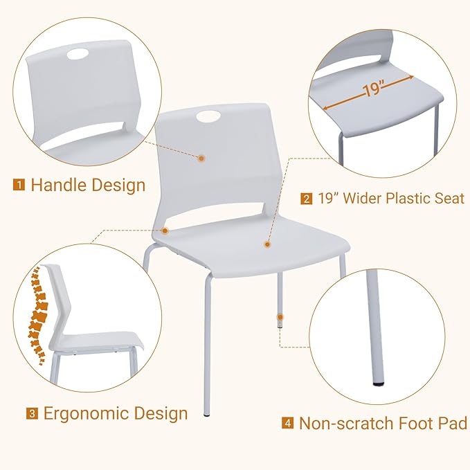 Sidanli Stackable Chairs Set of 4, Waiting Area & Breakroom Chairs in White with Back