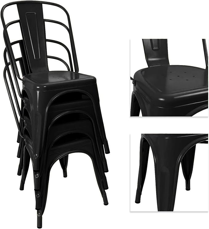 Devoko Metal Indoor-Outdoor Chairs Distressed Style Kitchen Dining Chairs Stackable Side Chairs with Back Set of 4 (Black)
