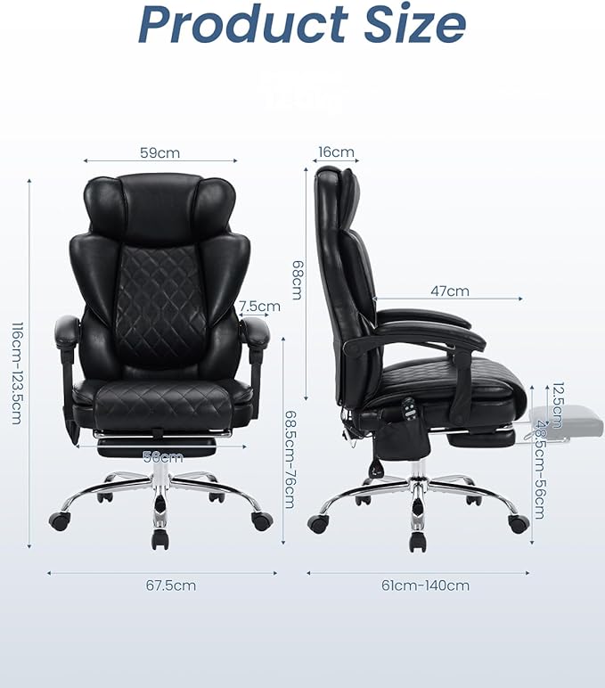 Massage Chair with Footrest and Wider Upholstered Seat, Ergonomic Executive Vibration & Heat Office Chair for Heavy People, Big and Tall Reclining Desk Office Chair for Home Office, Black