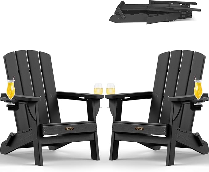 Folding Adirondack Chair 2 Pack, HDPE All-Weather Fire Pit Chairs, Plastic Adirondack Chairs with 2 Cup Holder, Outdoor Lawn Chair for Patio Garden (Black)