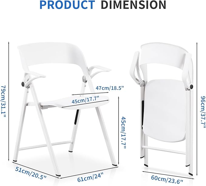 KAIHAOWIN 2 Pack Plastic Folding Chair with Armrest, Heavy Duty Foldable Chairs with Steel Frame Commercial Stackable Guest Chairs for Indoor and Outdoor-White
