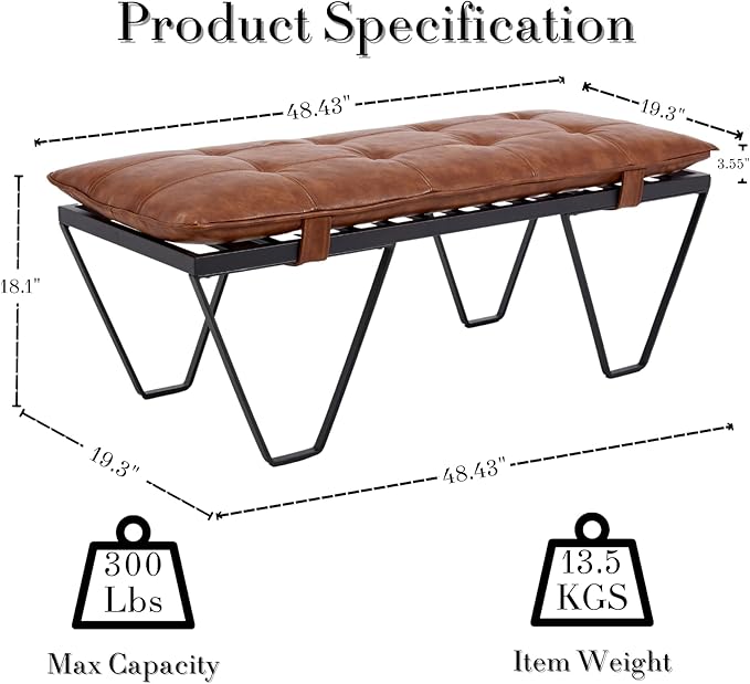 RIVOVA Modern Removable Tufted Upholstered Entryway Bench, 48-Inch Contemporary Indoor Ottoman Bench with Slatted Metal Frame, Brown Leather Bench for Bedroom End of Bed, Dining, Hallway, Living Room